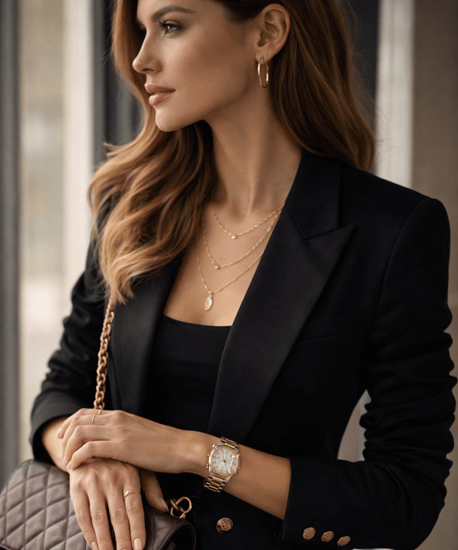 Woman in a black blazer wearing a two-tone wristwatch and layered gold necklaces